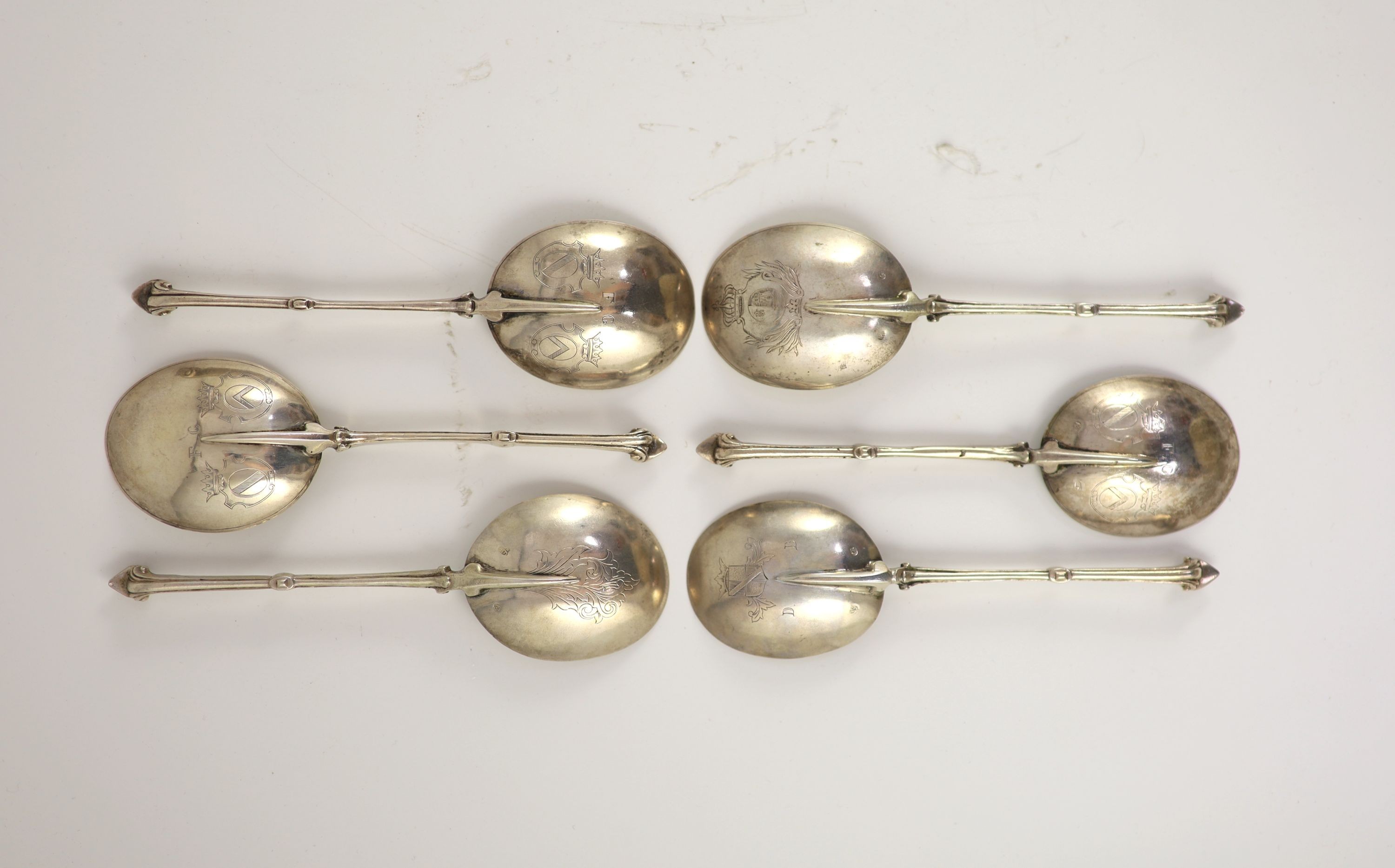 A harlequin set of six 19th century Dutch? silver baptismal spoons, some engraved arms of the Kingdom of the Netherlands